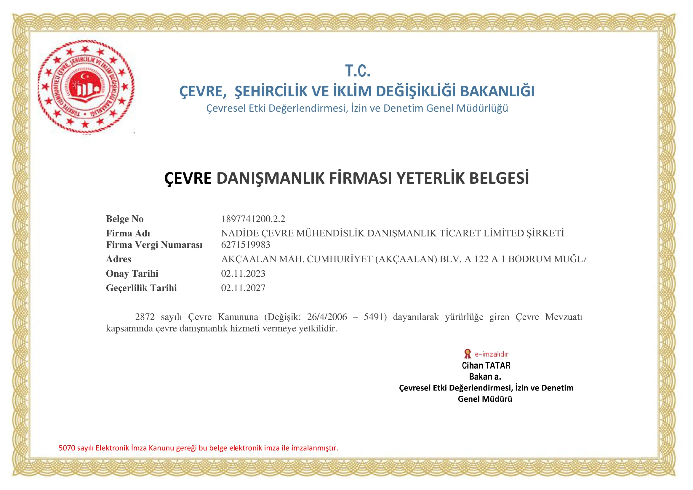 Çevre Danışmanlık Firması Yeterlik Belgesi